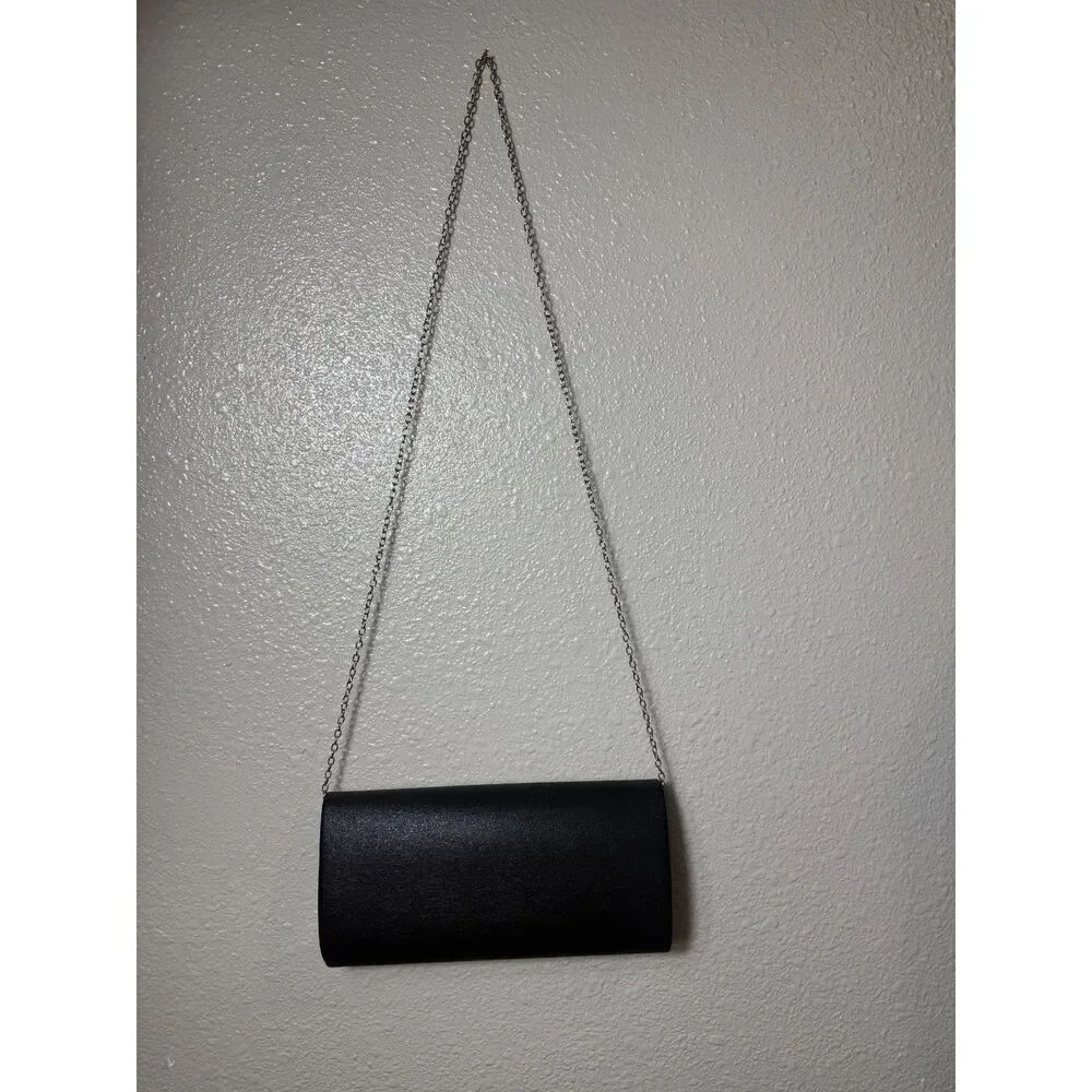 Black Satin Envelope Clutch with Silver Chain